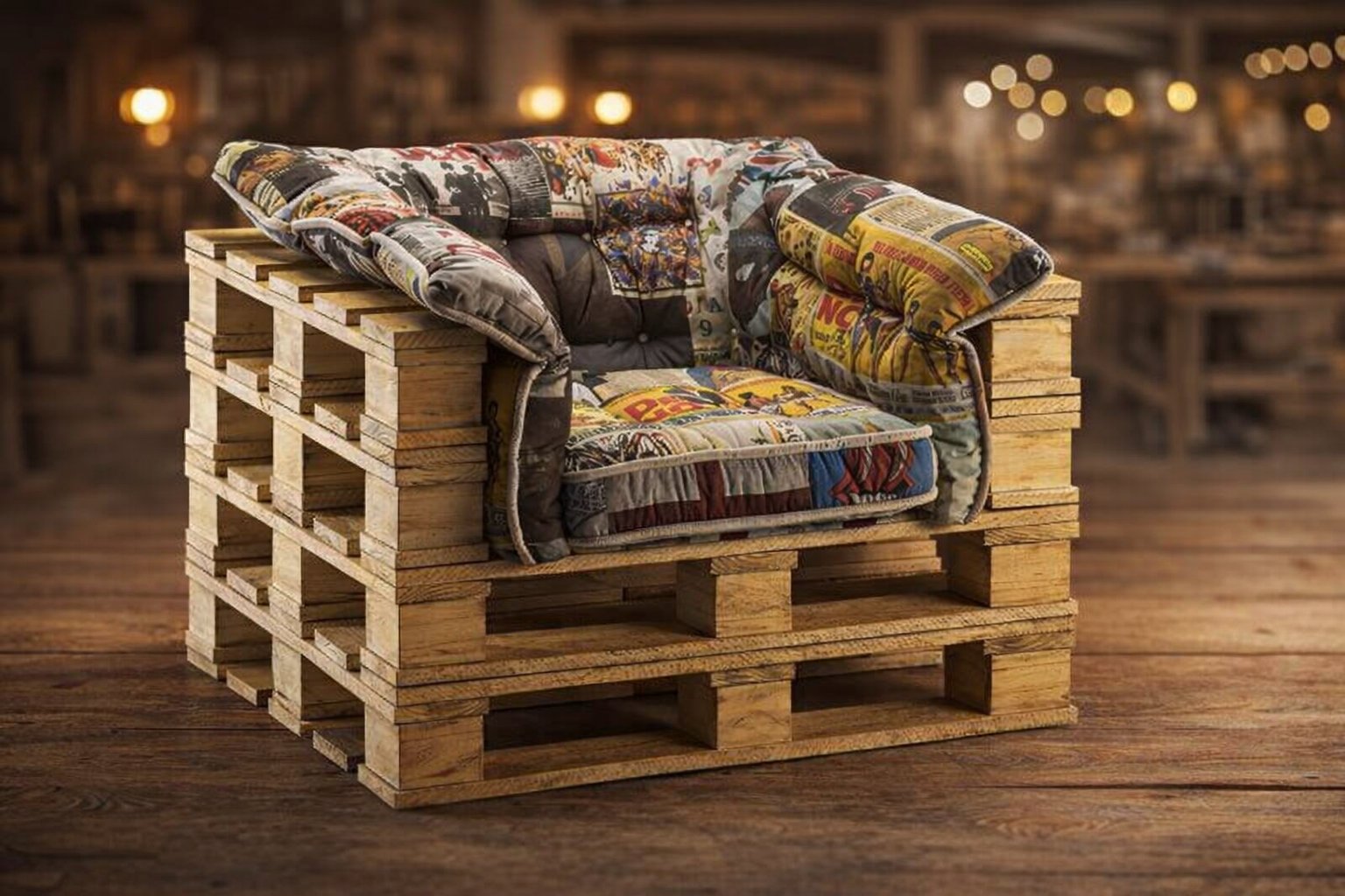 Poltrona de pallets com almofada retrô
